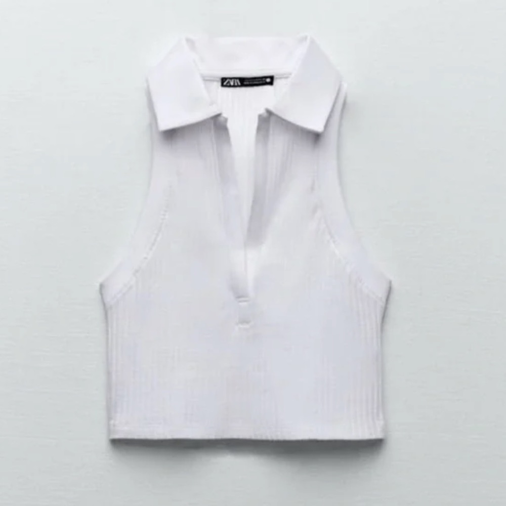 Zara Ribbed Collared Sleeveless Cropped Polo Tank Top White